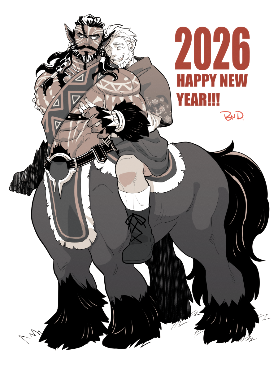 2boys, abs, afk_(series), afk_journey, animal_ears, bara, centaur, character_request, closed_eyes, closed_mouth, commentary_request, dated, hands_on_another's_chest, happy_new_year, horse_boy, horse_ears, looking_at_another, male_focus, multiple_boys, muscular, muscular_male, new_year, open_mouth, pectoral_grab, pectorals, riding, sekijaku, smile, taur, zandrok_(afk)