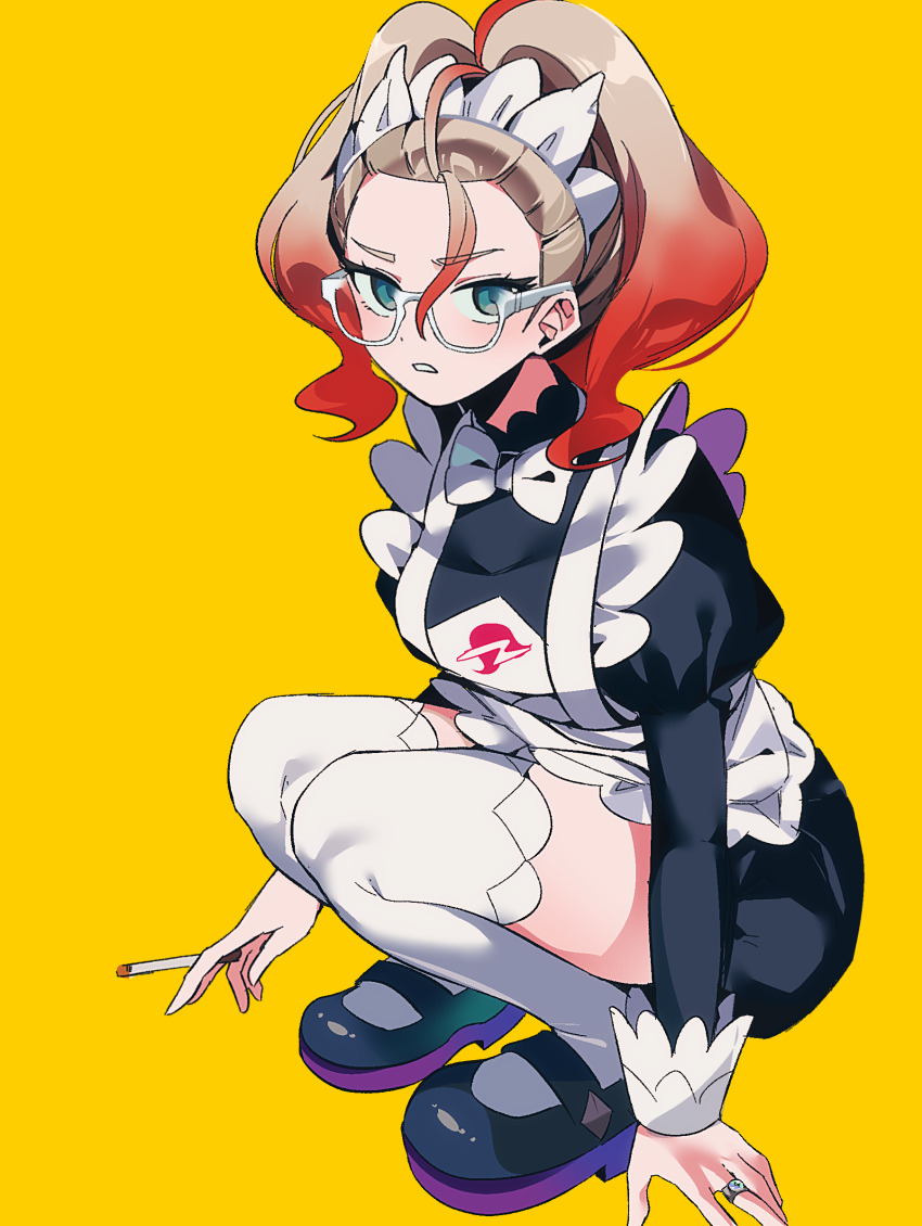 1girl, apron, black_romper, blue_eyes, blush, bow, bowtie, breasts