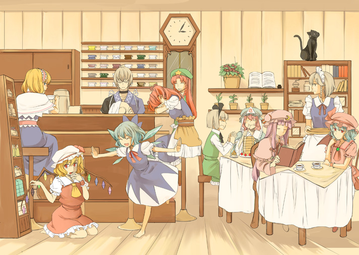 >_<, 1boy, 6+girls, :t, alice_margatroid, aro_s, ascot, bar_(place), barefoot, bat_wings, black_cat, blonde_hair, blue_eyes, blue_hair, book, bored, bow, braid, brooch, cafe, cat, chair, choker, cirno, clock, crescent, cup, dress, eating, closed_eyes, flandre_scarlet, glasses, grey_hair, hair_bobbles, hair_bow, hair_ornament, hairband, hat, hat_ribbon, head_rest, holding, holding_book, hong_meiling, izayoi_sakuya, jewelry, konpaku_youmu, long_hair, maid, maid_headdress, morichika_rinnosuke, moriya_suwako, multiple_girls, neck_ribbon, on_floor, onozuka_komachi, open_book, open_mouth, outstretched_arms, patchouli_knowledge, pink_hair, plant, profile, purple_hair, reading, red_eyes, red_hair, remilia_scarlet, restaurant, ribbon, saigyouji_yuyuko, saucer, seiza, shimakusa_arou, short_hair, sitting, skirt, sleeping, star_(symbol), stool, table, teacup, touhou, triangular_headpiece, wings, wooden_floor, wrist_cuffs