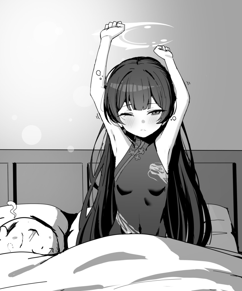 1boy, 1girl, aftersex, arms_up, bare_arms, bite_mark, bite_mark_on_cheek, blanket, blue_archive, blush, breasts, china_dress, chinese_clothes, closed_mouth, commentary_request, doodle_sensei_(blue_archive), dress, giving_up_the_ghost, greyscale, halo, highres, indoors, kisaki_(blue_archive), lipstick_mark, lipstick_mark_on_face, monochrome, nichijou_(nichijoutouhou), on_bed, one_eye_closed, sensei_(blue_archive), sleeveless, sleeveless_dress, small_breasts, stretching, under_covers, waking_up