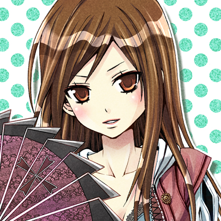 1girl, assassin's_creed, assassin's_creed:_brotherhood, assassin's_creed_(series), brown_hair, cross, fiora_cavazza, folding_fan, hand_fan, kugano, lowres, the_courtesan