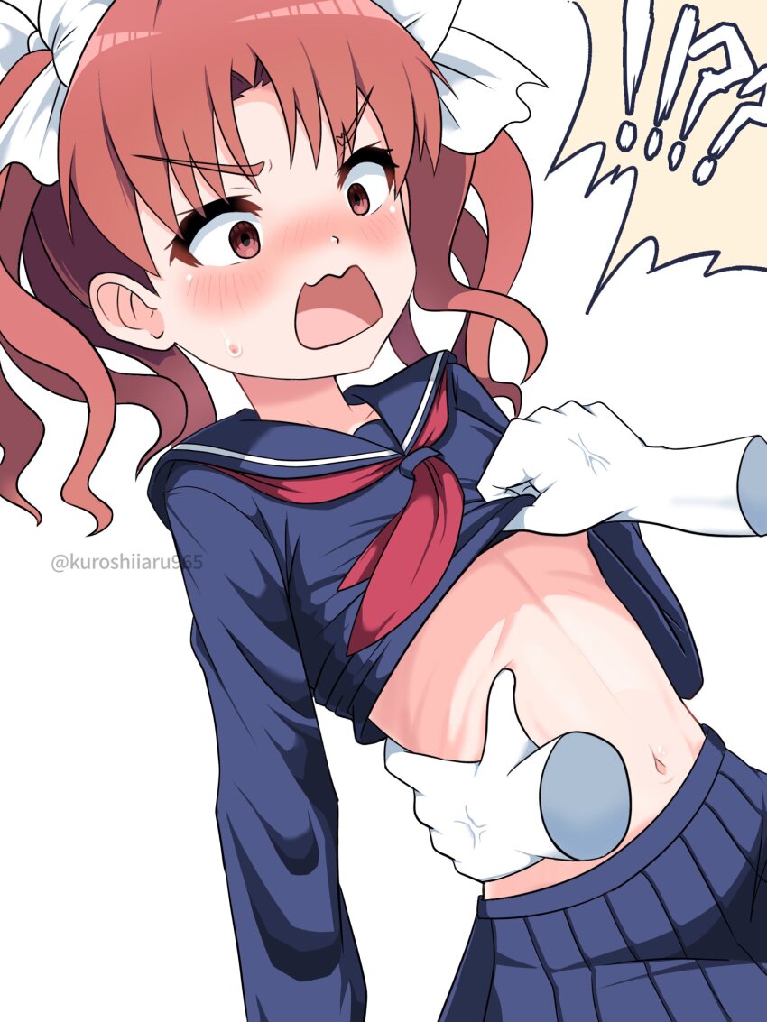 !?, 1girl, 1other, alternate_uniform, blue_sailor_collar, blue_shirt, blue_skirt, blush