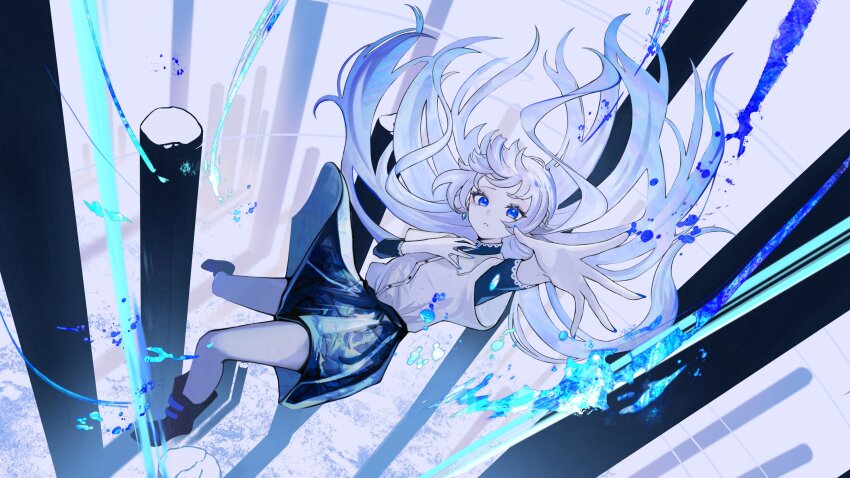 1girl, absurdres, arm_up, black_shoes, blue_eyes, blue_nails, blue_skirt, character_request
