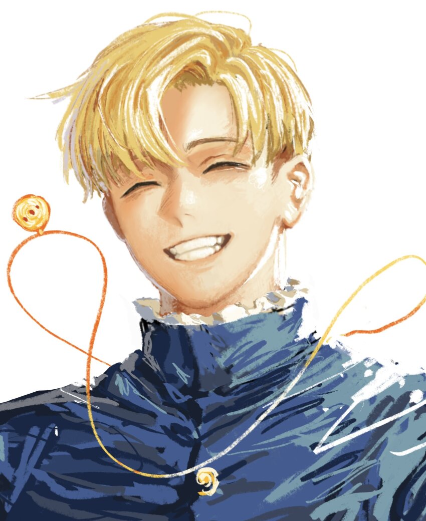 1boy, blonde_hair, blue_jacket, buttons, chi.:_chikyuu_no_undou_ni_tsuite, closed_eyes, closed_mouth, facing_viewer, floating_neckwear, grin, happy, highres, jacket, jewelry, male_focus, necklace, portrait, rafal_(chi.), short_hair, simple_background, smile, solo, tearsakachi, white_background