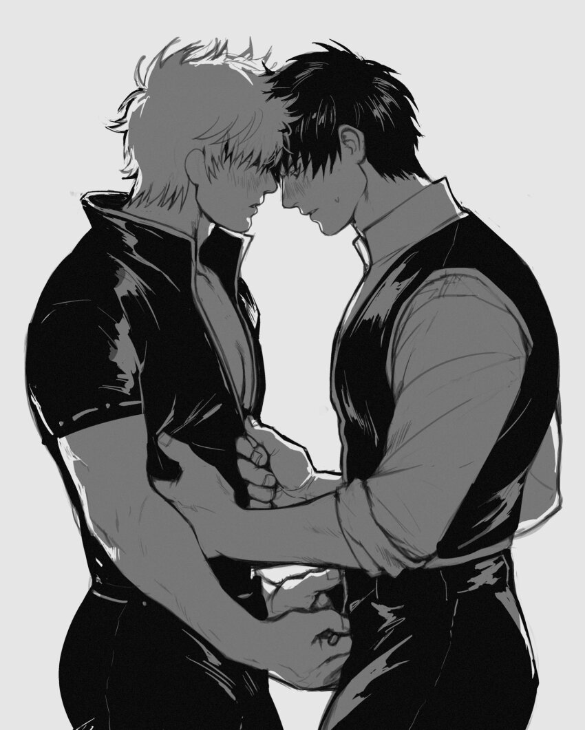 2boys, collared_shirt, commentary_request, cowboy_shot, gintama, greyscale, highres, hijikata_toushirou