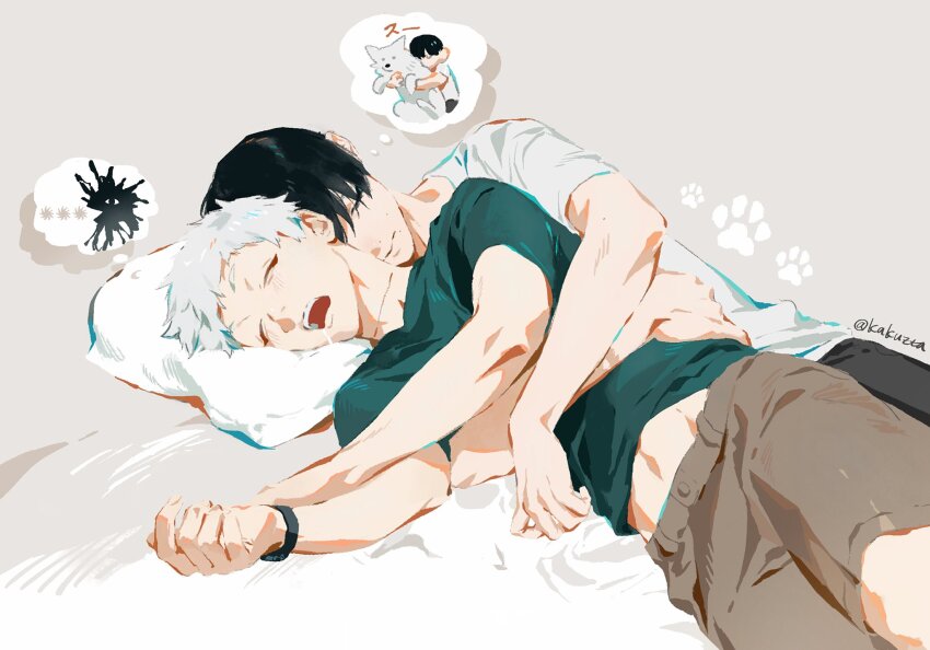 2boys, black_hair, black_pants, blush, brown_shorts, closed_eyes, closed_mouth, commentary_request, drooling, green_shirt, highres, hikaru_ga_shinda_natsu, indou_hikaru, kakuzta, lying, male_focus, mole, mole_on_cheek, mole_under_mouth, multiple_boys, multiple_moles, on_bed, on_side, open_mouth, pants, pillow, scar, scar_on_neck, shirt, short_hair, shorts, sleeping_together, speech_bubble, spooning, thought_bubble, tsujinaka_yoshiki, twitter_username, white_hair, white_shirt, yaoi