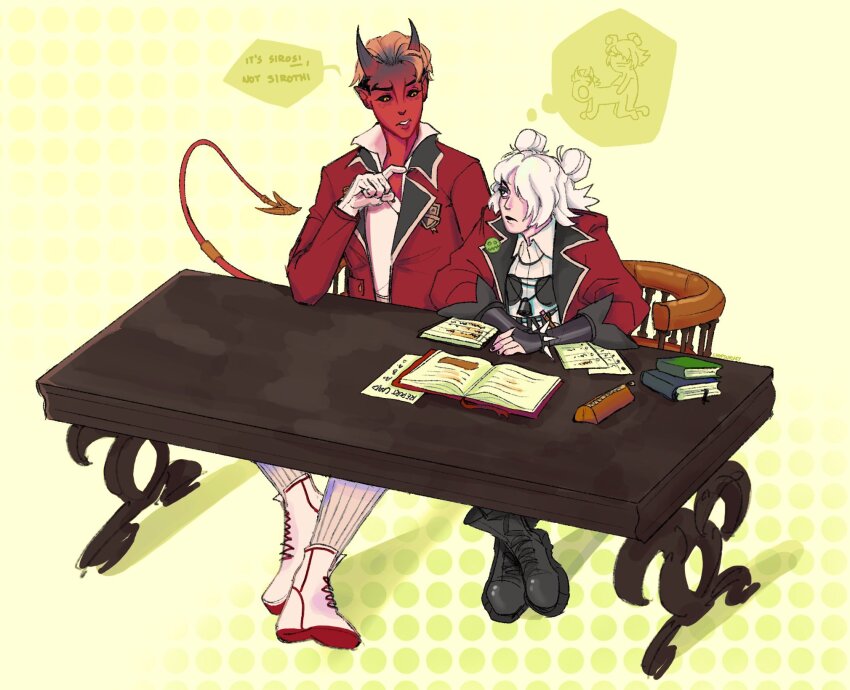 1boy, 1girl, apollo_(deadlock), black_hair, blazer, blonde_hair, bracelet, colored_sclera