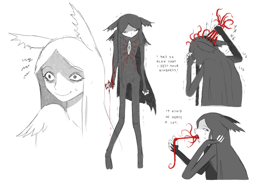 1boy, androgynous, animal_ears, blood, blood_on_arm, closed_mouth, commentary, crying