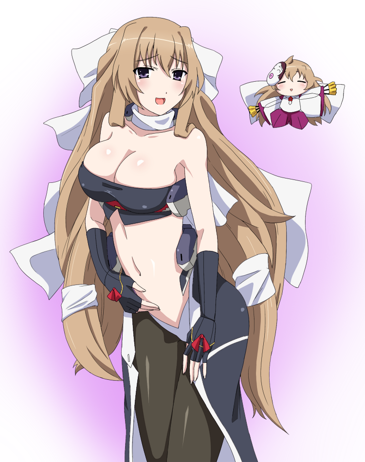 aoi_kimi, bandeau, bare_shoulders, blush, breasts, brown_hair, cleavage, fingerless_gloves, gloves, hair_ribbon, kyoukaisenjou_no_horizon, large_breasts, long_hair, midriff, mini_person, minigirl, navel, open_mouth, pantyhose, purple_eyes, ribbon, smile, uzui_(horizon), very_long_hair, yoshida_keiji