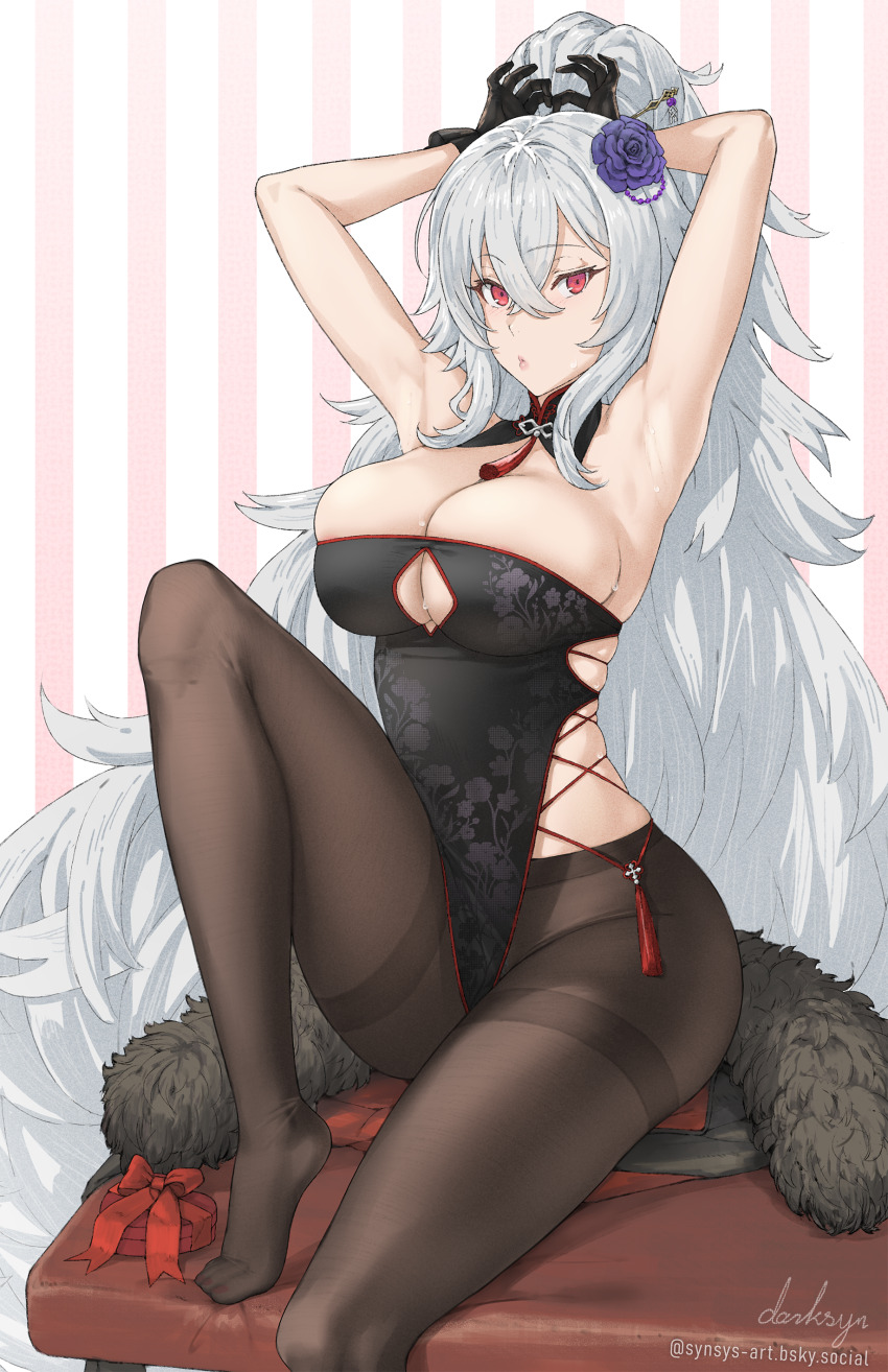 1girl, absurdres, armpits, arms_up, azur_lane, black_dress, black_gloves, black_pantyhose