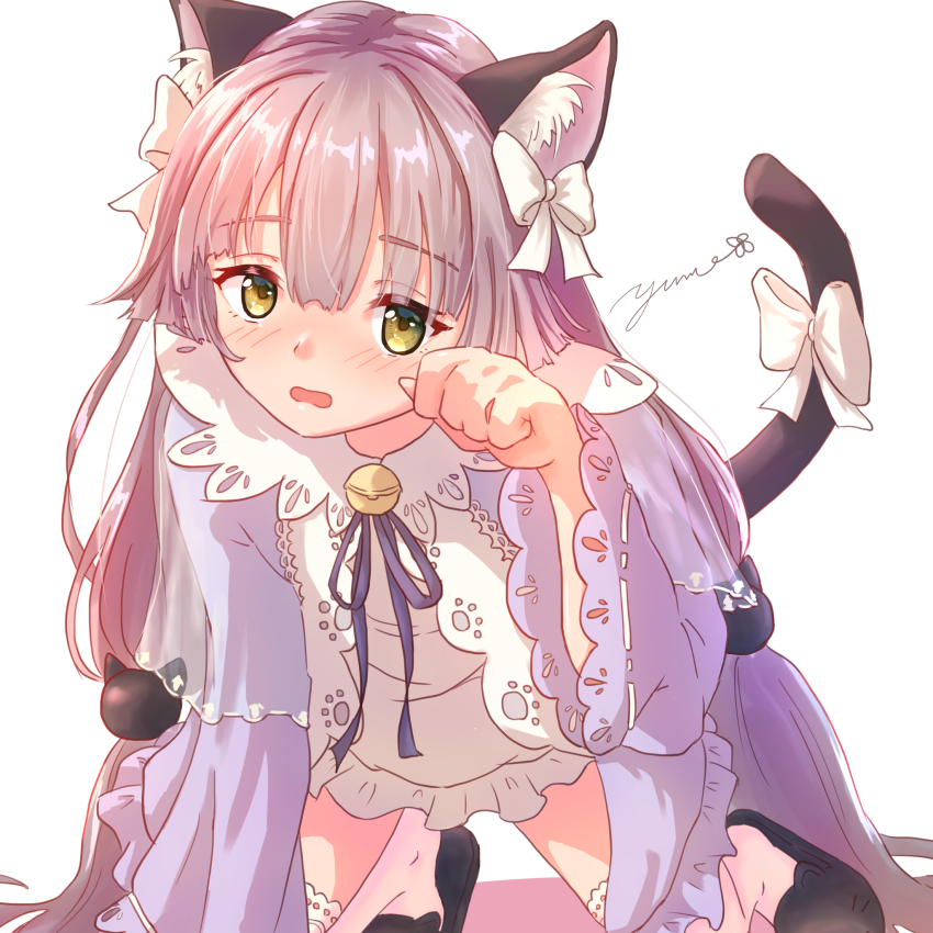 1girl, all_fours, animal_ear_fluff, animal_ears, animal_slippers, bell, blue_ribbon, blunt_bangs