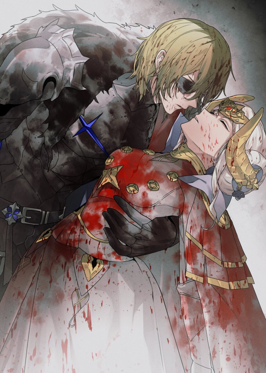 1boy, 1girl, armor, blonde_hair, blood, blood_on_clothes, blood_on_face, bodysuit