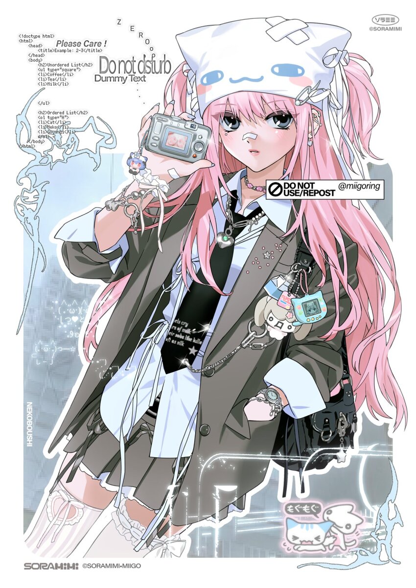 1girl, 2channel, ascii_art, bag, bag_charm, barbell_piercing, black_necktie, blush, border, bracelet, camera, cat, charm_(object), collared_shirt, commentary, cowboy_shot, digital_camera, ear_piercing, emoticon, english_text, fashion, giko_neko, grey_eyes, grey_jacket, grey_ribbon, grey_skirt, hand_in_pocket, handbag, hat, highres, holding, holding_camera, html, industrial_piercing, jacket, jewelry, kaomoji, long_hair, long_sleeves, miigoring, miniskirt, necklace, necktie, original, outline, piercing, pink_hair, shirt, skirt, solo, standing, thighhighs, two_side_up, untranslatable_commentary, virtual_pet_(toy), watch, watermark, white_border, white_hat, white_outline, white_shirt, white_thighhighs, wishcore, wristwatch, y2k_fashion, yabi_fashion
