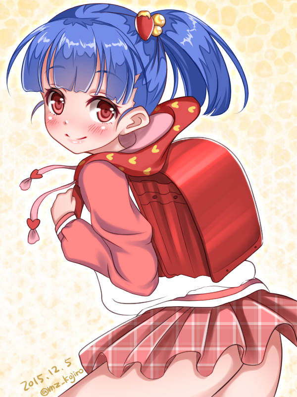 1girl, backpack, bag, blue_hair, blunt_bangs, blush, closed_mouth, cowboy_shot