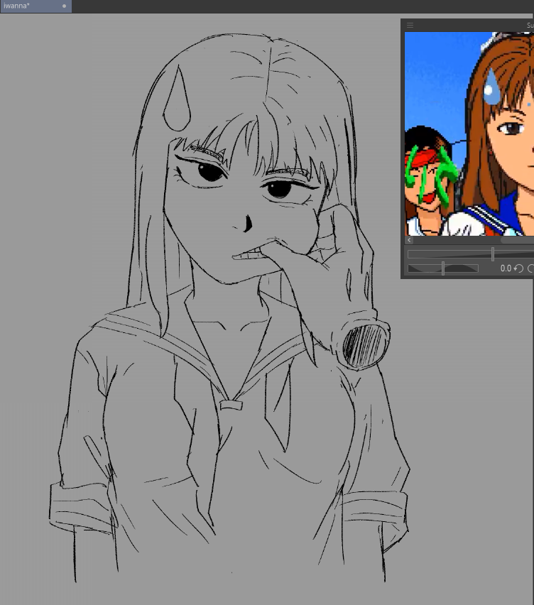 1girl, art_program_in_frame, collarbone, comedic_sweatdrop, finger_to_another's_mouth, game_screenshot_inset, greyscale, janken_game_acchi_muite_hoi!