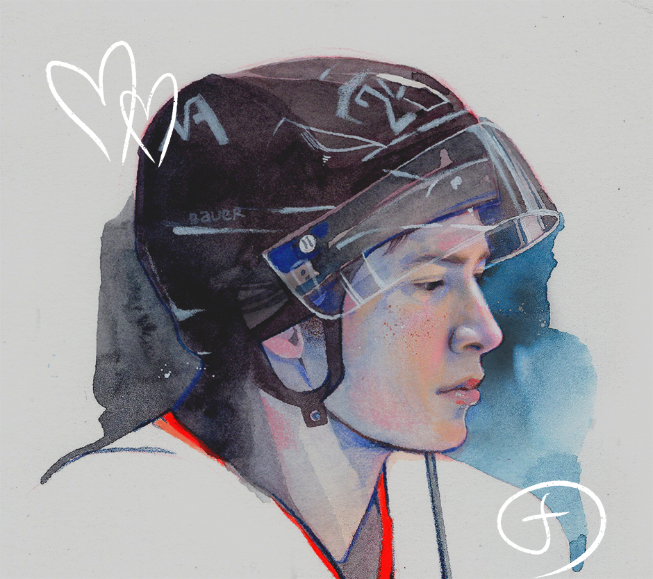 1boy, ann_bird, black_hair, brown_eyes, closed_mouth, commentary_request, from_side, grey_background, heated_rivalry, helmet, hockey_helmet, hockey_sweater, looking_down, male_focus, painting_(medium), profile, russian_commentary, shane_hollander, shirt, short_hair, solo, traditional_media, watercolor_(medium), white_shirt