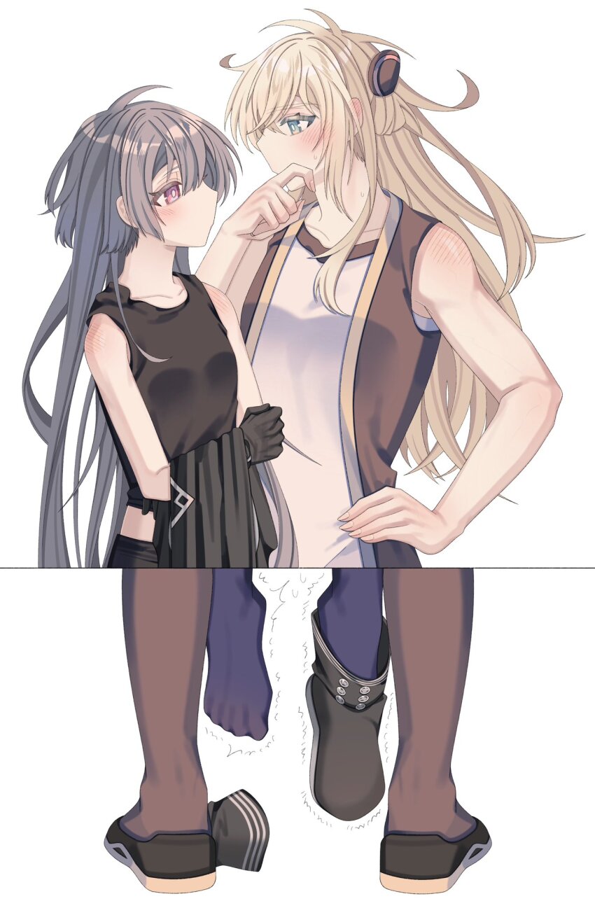 2girls, blonde_hair, blush, breasts, clothed_sex, commentary_request, dress, duel_monster, ear_blush, emptyayya, feet, futa_with_female, futanari, gloves, grey_hair, hanging_legs, highres, implied_futanari, implied_sex, long_hair, long_sleeves, multiple_girls, necktie, red_eyes, simple_background, sky_striker_ace_-_raye, sky_striker_ace_-_roze, sweat, two-tone_dress, white_background, yu-gi-oh!