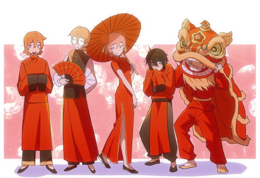 1girl, 4boys, ahoge, arm_behind_back, black_hair, black_pants, black_shirt, black_shoes