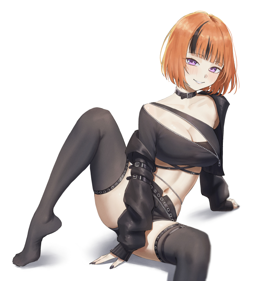 1girl, black_collar, black_jacket, black_thighhighs, breasts, collar, commentary, ego_(takanashi_kiara)