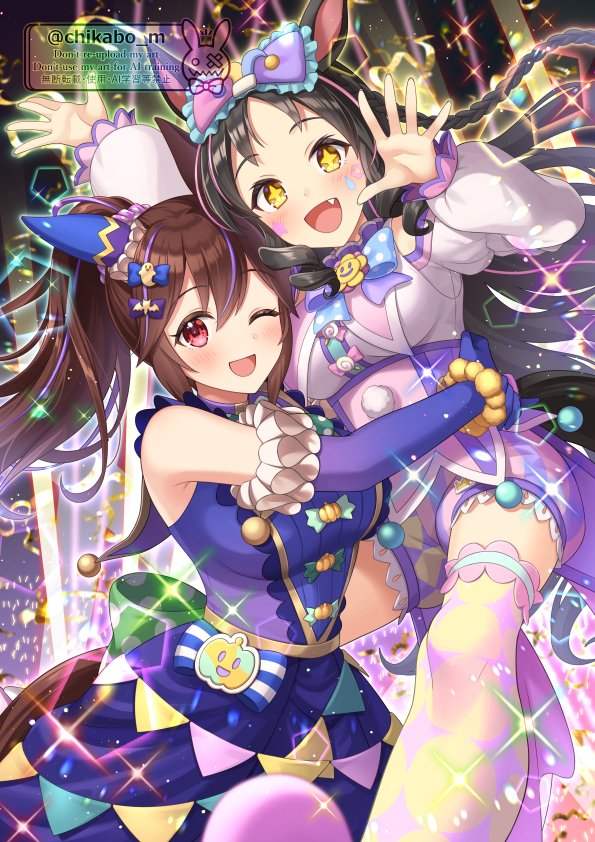 +_+, 2girls, animal_ears, black_hair, blue_gloves, blush, bow, breasts