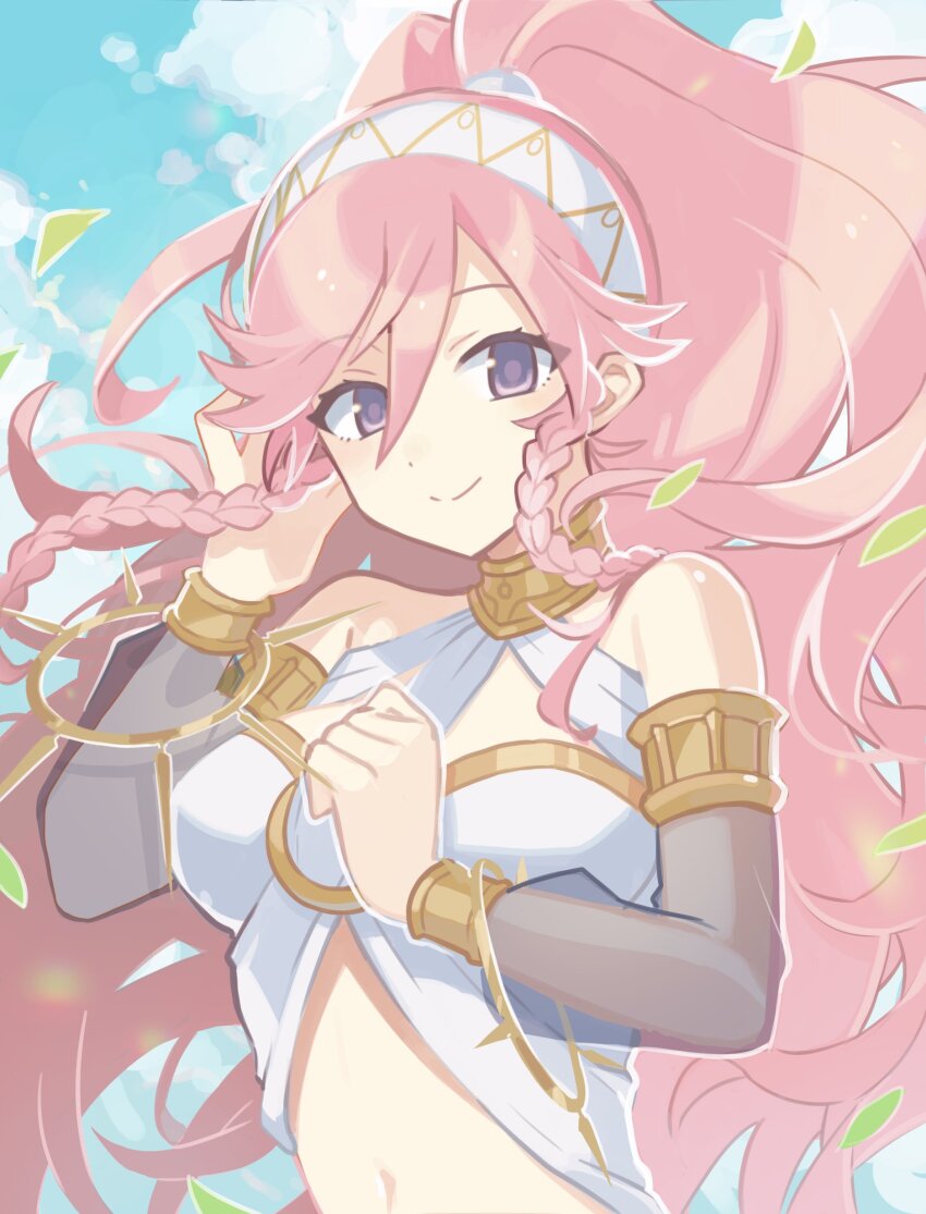1girl, absurdres, adjusting_hair, arm_up, bare_shoulders, blue_sky, blush, braid, breasts, closed_mouth, cloud, commentary_request, dancer, detached_sleeves, fire_emblem, fire_emblem_awakening, gold_collar, hairband, hand_up, highres, lella_(piyotto22), long_hair, looking_at_viewer, medium_breasts, navel, nintendo, olivia_(fire_emblem), outdoors, pink_eyes, pink_hair, ponytail, sky, smile, solo, stomach, twin_braids, upper_body, very_long_hair