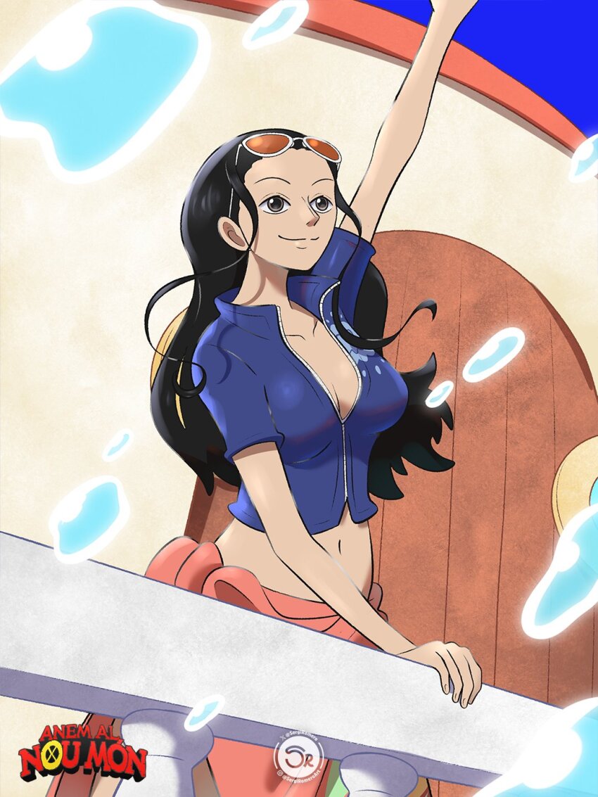1girl, 2026, black_hair, blue_sky, boat, collarbone, commentary, cropped_jacket