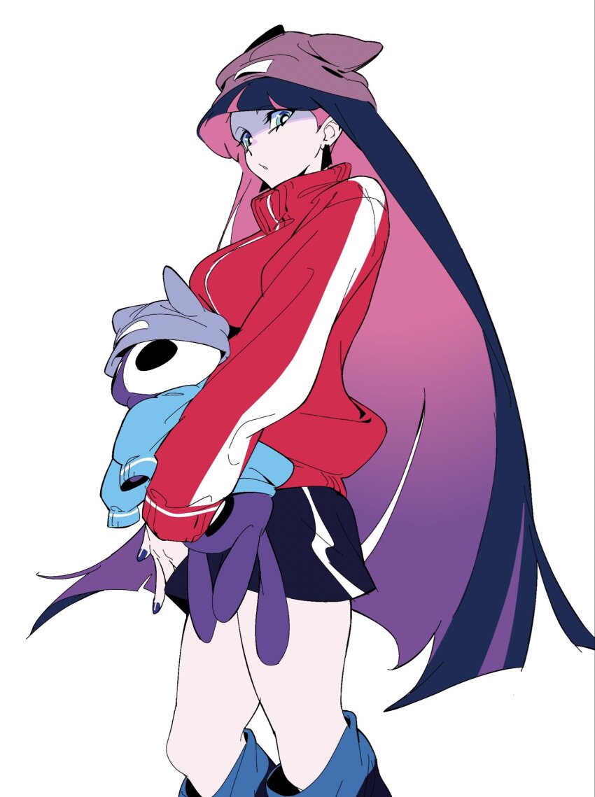 1girl, bb_zatta, black_hair, black_shorts, blue_eyes, breasts, cowboy_shot, highres, jacket, large_breasts, long_hair, panty_&amp;_stocking_with_garterbelt, pink_hair, red_jacket, shorts, simple_background, solo_focus, stocking_(psg), white_background