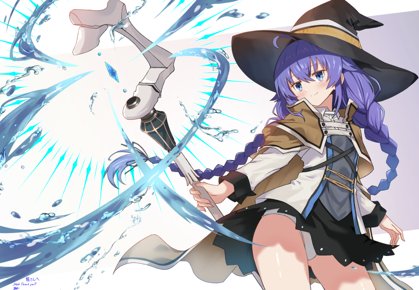 1girl, ahoge, black_hat, black_ribbon, black_skirt, blue_eyes, blue_hair, blush