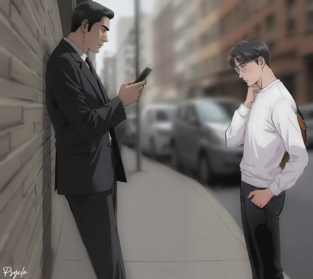 2boys, backpack, bag, black_hair, black_necktie, closed_mouth, collared_shirt, famiresu_iko.