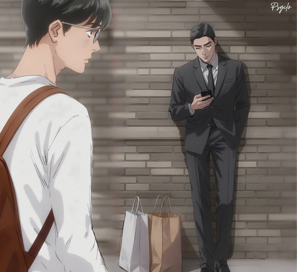2boys, backpack, bag, black_hair, closed_mouth, collared_shirt, famiresu_iko., formal_clothes