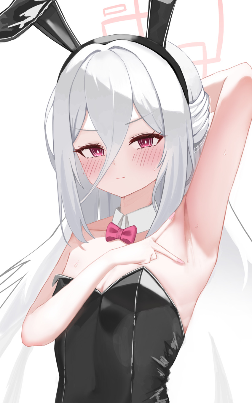 1girl, alternate_costume, animal_ear_hairband, animal_ears, arm_behind_head, arm_up, armpits, bare_arms, black_leotard, blue_archive, blush, bomjija, bow, bowtie, breasts, bright_pupils, cleavage, detached_collar, double-parted_bangs, fake_animal_ears, fingernails, grey_hair, hair_between_eyes, hairband, half_updo, halo, highres, kei_(blue_archive), kei_(new_body)_(blue_archive), leotard, loli, long_hair, long_hair_between_eyes, looking_at_viewer, playboy_bunny, presenting_armpit, rabbit_ear_hairband, rabbit_ears, red_bow, red_bowtie, red_eyes, ringed_eyes, simple_background, small_breasts, solo, strapless, strapless_leotard, upper_body, very_long_hair, white_background, white_pupils