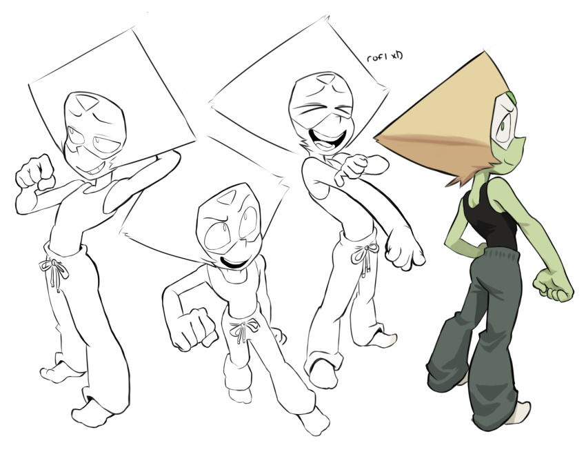 >_<, 1girl, :d, alternate_costume, blonde_hair, casual, colored_skin, diamond-shaped_hair, face_shield, fawken, forehead_jewel, full_body, gem, gem_(steven_universe), green_skin, grin, highres, open_mouth, pants, peridot_(steven_universe), short_hair, simple_background, smile, steven_universe, sweatpants, tank_top, tomboy, triangle-shaped_hair, xd