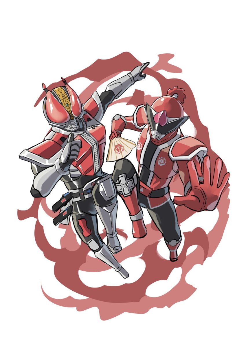 2boys, armor, avataro_sentai_donbrothers, black_bodysuit, bodysuit, crossover, donmomotarou, hakael1998