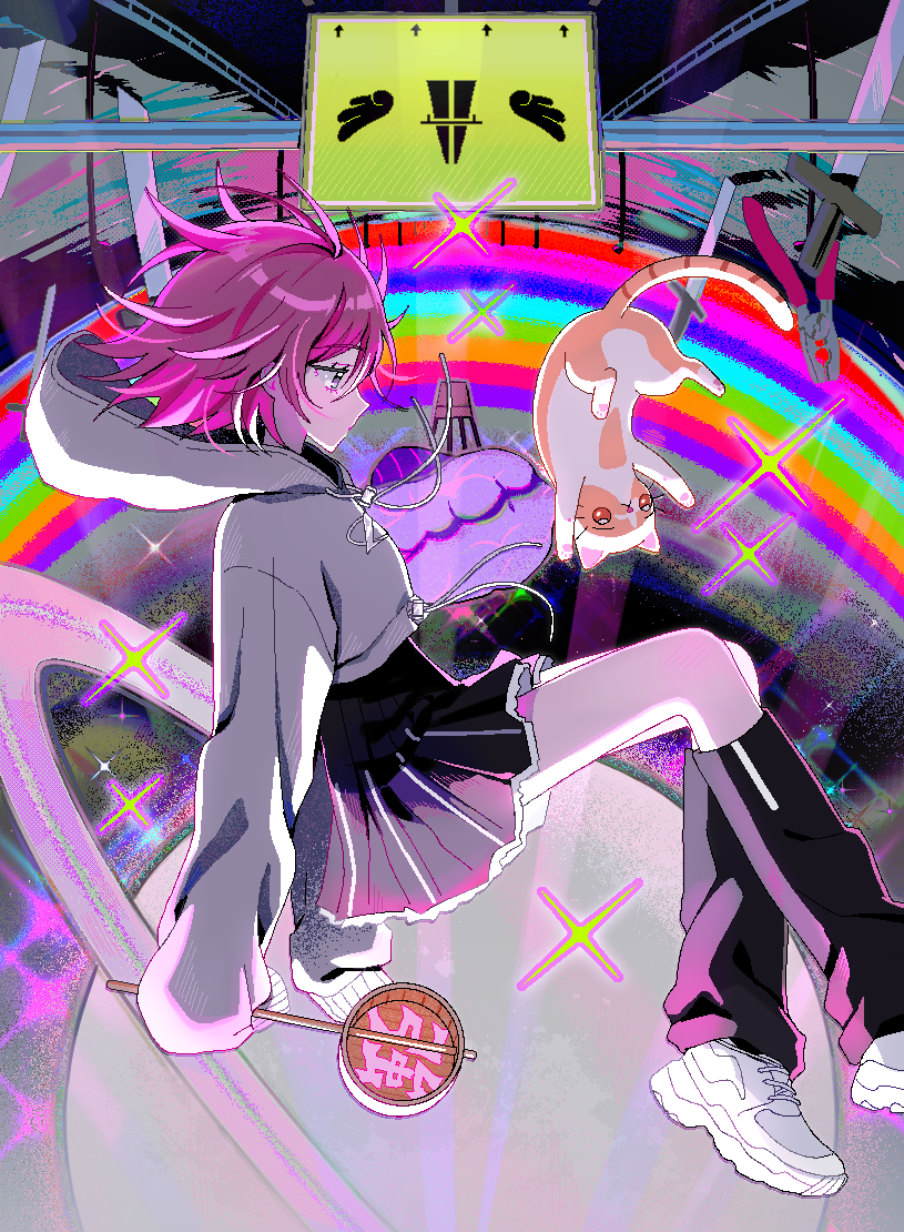 1girl, black_leg_warmers, black_skirt, cat, commentary_request, from_side, grey_hoodie, hishaku