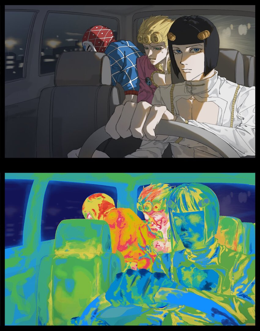 3boys, argyle_clothes, argyle_sweater, black_hair, blonde_hair, blue_eyes, bob_cut, braid