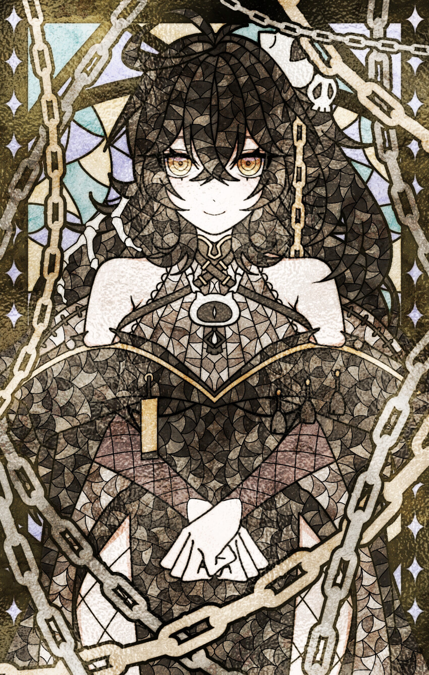 1girl, ahoge, bare_shoulders, black_coat, black_hair, bone_hair_ornament, chain, coat, dress, fishnet_pantyhose, fishnet_sleeves, fishnets, grey_dress, grimmi_(vtuber), hair_between_eyes, hair_ornament, highres, hore_nina, indie_virtual_youtuber, loincloth, long_hair, pale_skin, pantyhose, ringed_eyes, skull_hair_ornament, smile, stained_glass, virtual_youtuber, wide_hips, yellow_eyes
