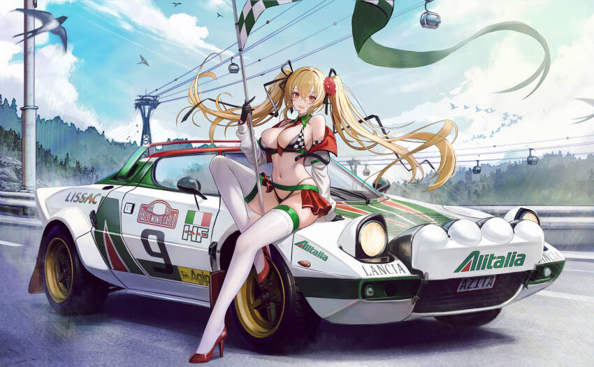 1girl, absurdres, alitalia, arm_support, bare_shoulders, bikini, bird, black_bikini, black_gloves, black_ribbon, blonde_hair, breasts, cable_car, car, checkered_bikini, checkered_clothes, checkered_flag, cleavage, cloud, commentary, commission, cropped_jacket, day, detached_collar, english_commentary, flag, floating_hair, flower, full_body, gloves, hair_between_eyes, hair_flower, hair_intakes, hair_ornament, hair_ribbon, hand_up, headphones, high_heels, highres, holding, holding_flag, jacket, kcar66t, lancia_(brand), lancia_stratos, large_breasts, leg_up, legs, long_hair, long_sleeves, looking_at_viewer, motor_vehicle, navel, off_shoulder, on_car, open_clothes, open_jacket, open_mouth, original, outdoors, pop-up_headlights, race_flag, race_queen, race_vehicle, racecar, railing, rally_car, red_eyes, red_skirt, ribbon, road, showgirl_skirt, sidelocks, sitting, skirt, sky, smile, solo, stomach, swimsuit, teeth, thighhighs, thighs, tree, twintails, two-sided_fabric, two-sided_jacket, unzipped, upper_teeth_only, utility_pole, very_long_hair, white_jacket, white_thighhighs