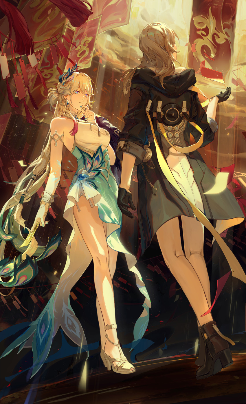 2girls, absurdres, aqua_dress, armlet, black_boots, black_gloves, black_jacket, blue_eyes