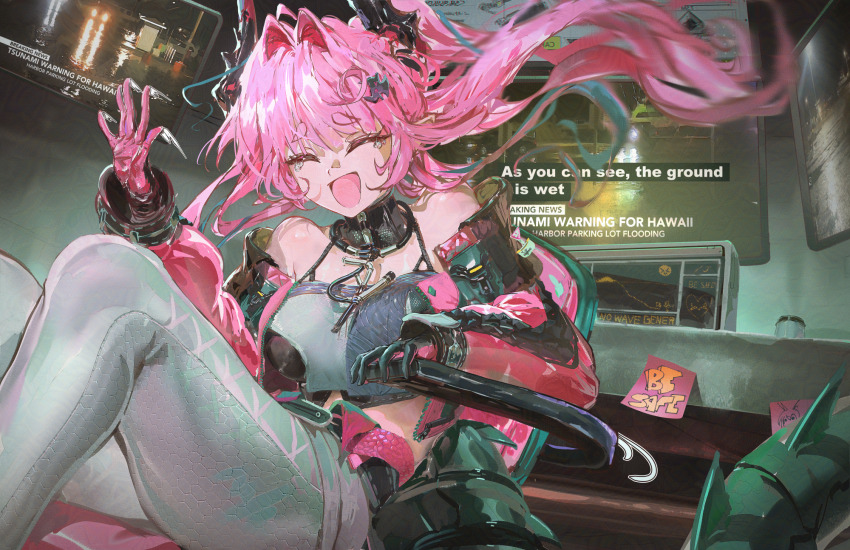 1girl, arknights, arknights:_endfield, bare_shoulders, black_gloves, breasts, chair, closed_eyes