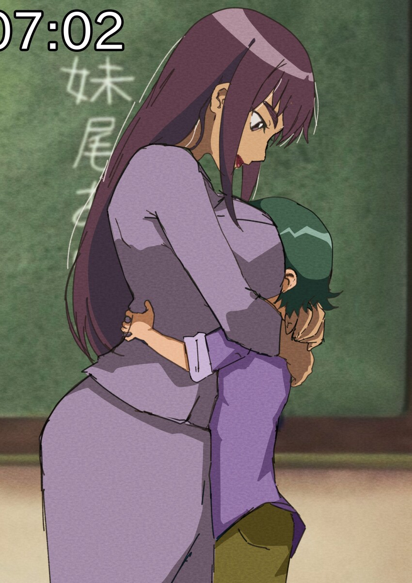 1boy, 1girl, age_difference, breasts, brown_hair, classroom, dan_de_lion, green_eyes, hug, lipstick, long_hair, makeup, medium_breasts, ojamajo_doremi, purple_eyes, school, seki-sensei, short_hair, size_difference, teacher, teacher_and_student, yada_masaru