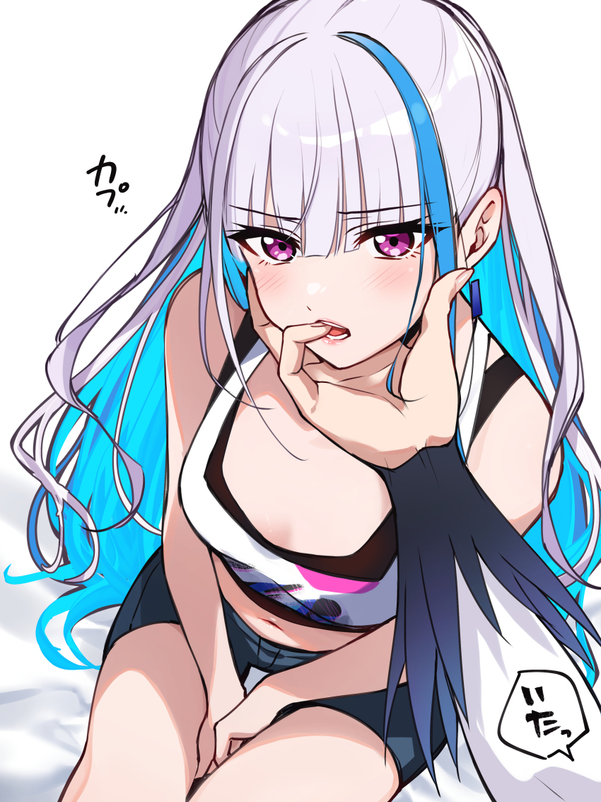 2girls, absurdres, bare_shoulders, biting, biting_another's_finger, blue_hair, blunt_bangs, breasts