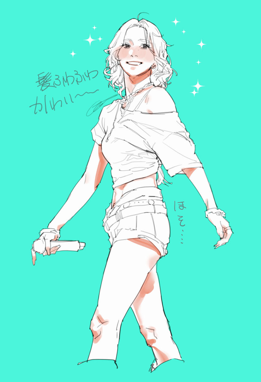 1girl, aqua_background, blush, breasts, commentary_request, greyscale_with_colored_background, highres, holding