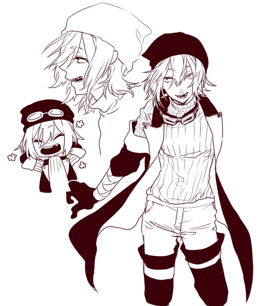 1boy, boots, commentary_request, drooopout, goggles, goggles_around_neck, goggles_on_head, hair_between_eyes, hat, highres, jacket, male_focus, medium_hair, missing_tooth, monochrome, multiple_views, open_clothes, open_jacket, open_mouth, pants, profile, sleeveless, sleeveless_jacket, sweater, thigh_boots, tsav_(yuushakei_ni_shosu), turtleneck, turtleneck_sweater, upper_body, white_background, yuushakei_ni_shosu