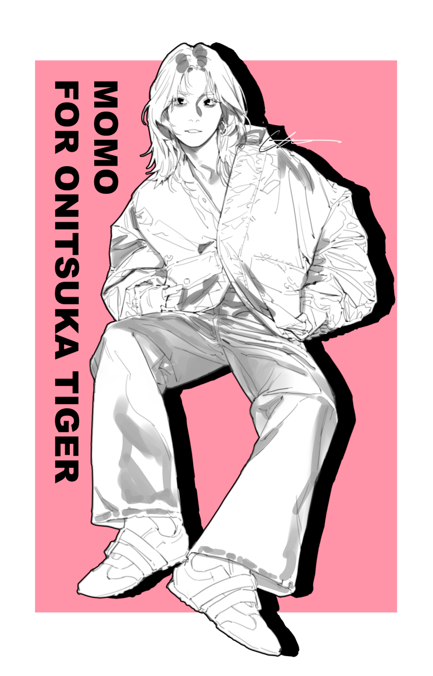 1girl, border, character_name, commentary_request, denim, earrings, frown, greyscale_with_colored_background