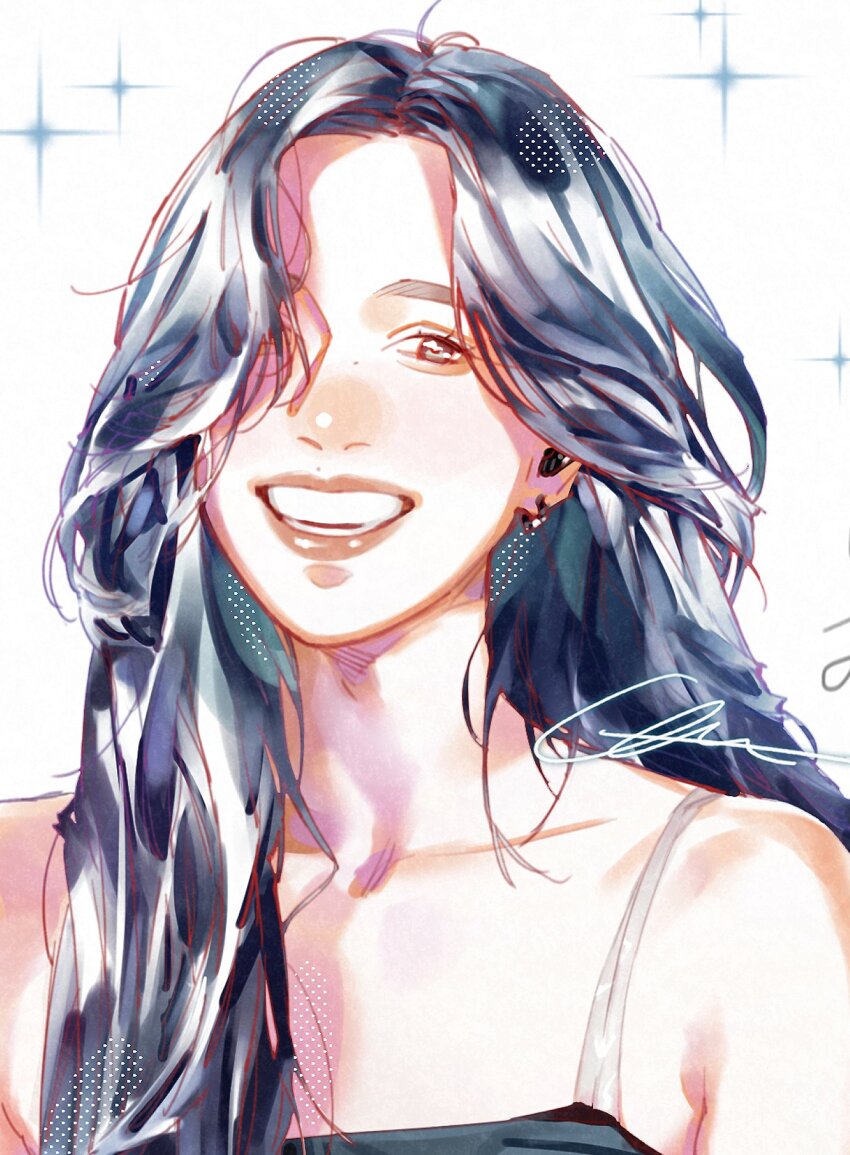 1girl, black_camisole, black_hair, camisole, collarbone, commentary, earpiece, glint