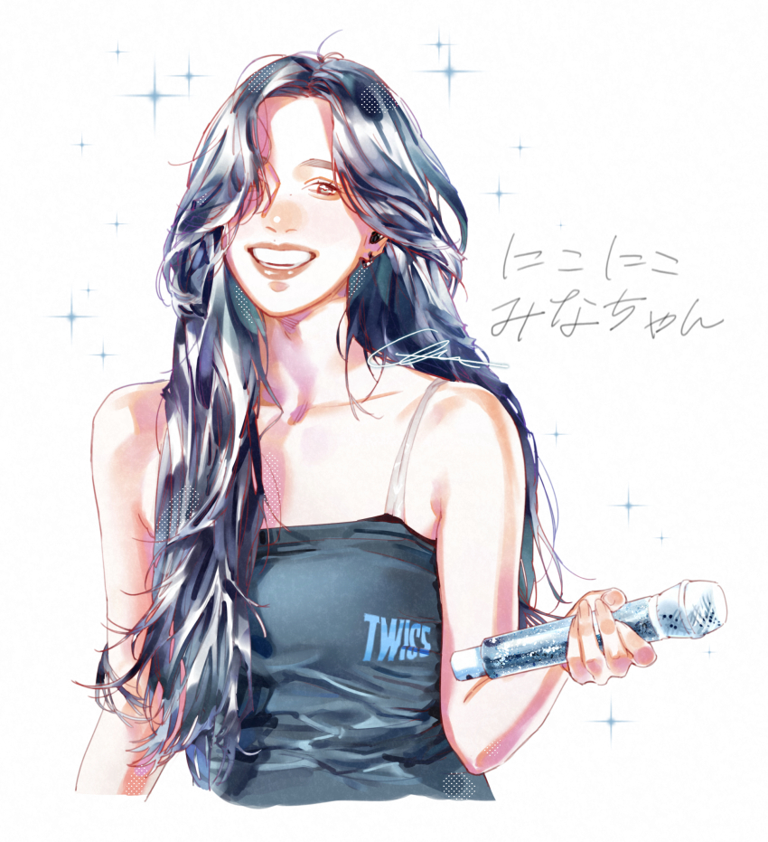 1girl, black_camisole, black_hair, camisole, collarbone, commentary, copyright_name, earpiece