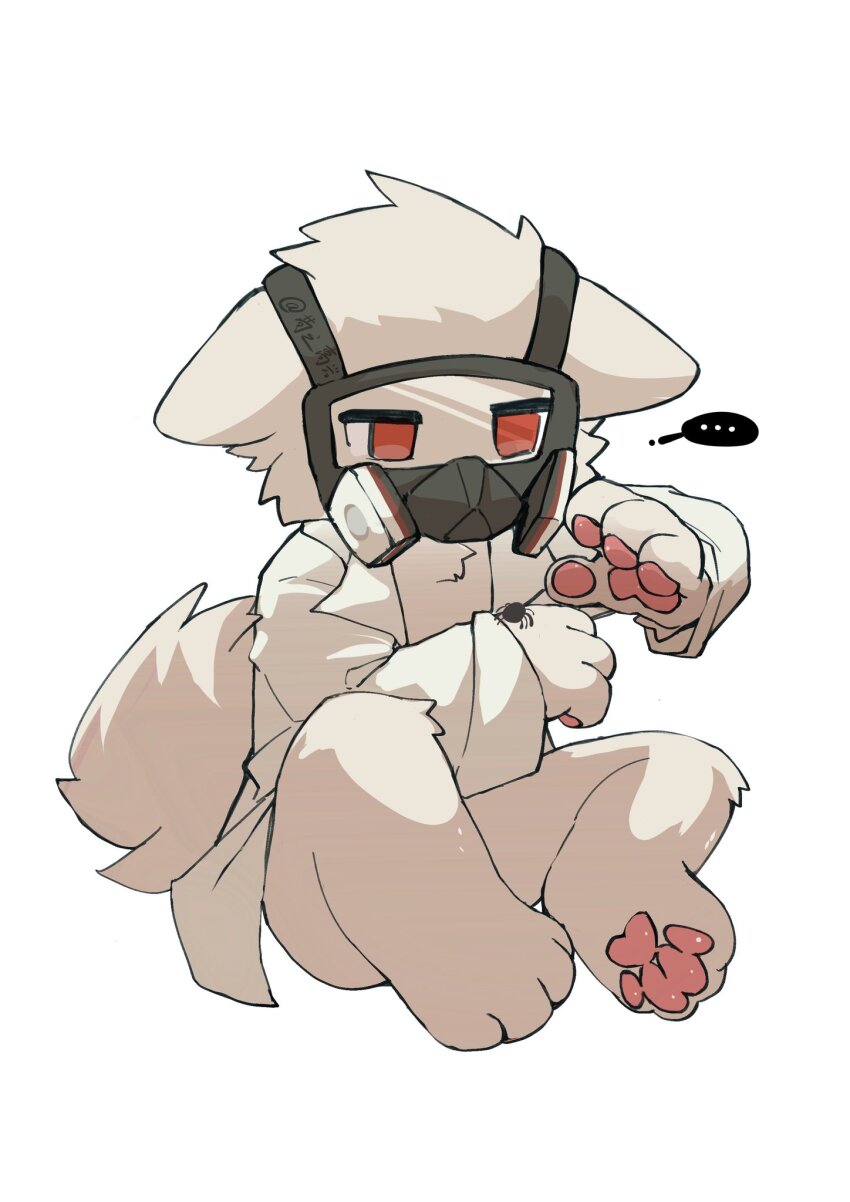 ..., 1boy, animal_ears, animal_hands, bug, changed, crossed_legs, deformed, dog_of_happy, dr_k_(changed), droopy_ears, furry, furry_male, highres, jacket, jitome, lab_coat, long_sleeves, mask, naked_lab_coat, open_clothes, open_jacket, pawpads, red_eyes, respirator, simple_background, sitting, speech_bubble, tail, white_background, white_fur, white_tail, wolf, wolf_ears, wolf_tail