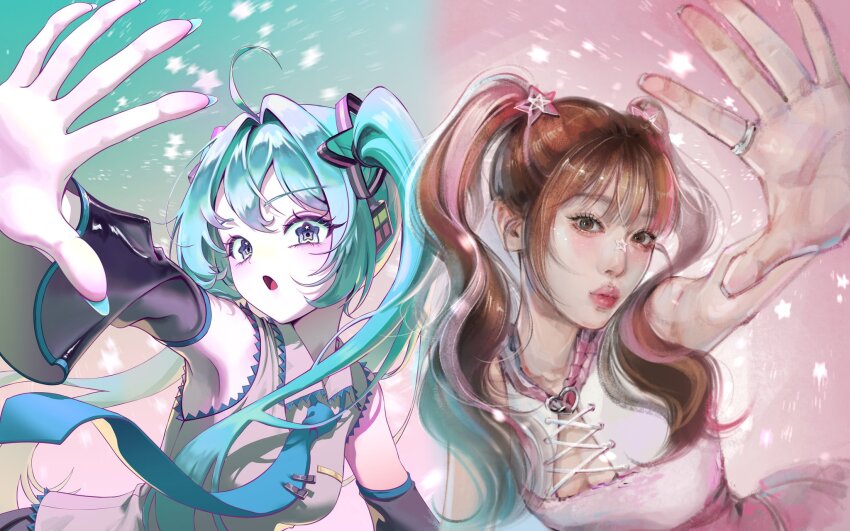 2girls, armpits, artist_collaboration, b_drawing_p, blue_hair, blue_nails, blue_necktie, breasts