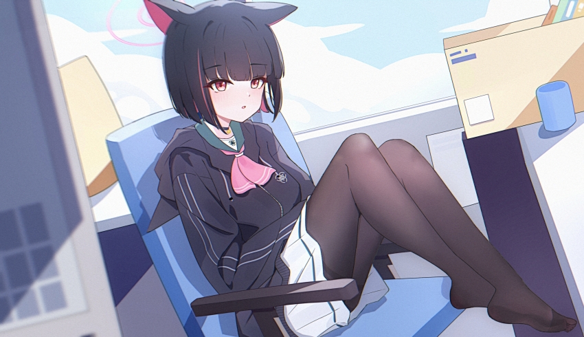 1girl, animal_ear_hood, animal_ears, astnya, black_hair, black_jacket, black_pantyhose, blue_archive, blush, breasts, cat_ears, cat_girl, fake_animal_ears, feet, halo, highs, hood, hooded_jacket, jacket, kazusa_(blue_archive), knees_up, looking_at_viewer, medium_breasts, multicolored_hair, neckerchief, office_chair, open_mouth, pantyhose, pink_hair, pink_halo, pink_neckerchief, red_eyes, shirt, short_hair, sitting, skirt, solo, swivel_chair, two-tone_hair, white_shirt, white_skirt