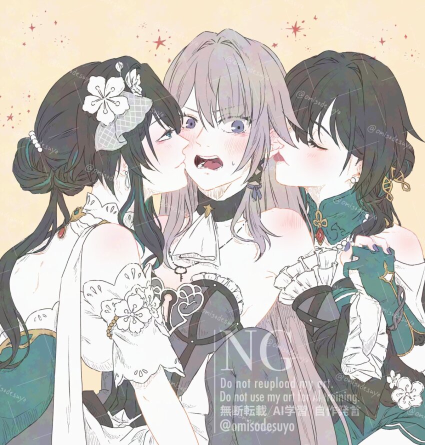 3girls, bare_shoulders, blush, brown_hair, clone, commentary_request, dress, ear_blush